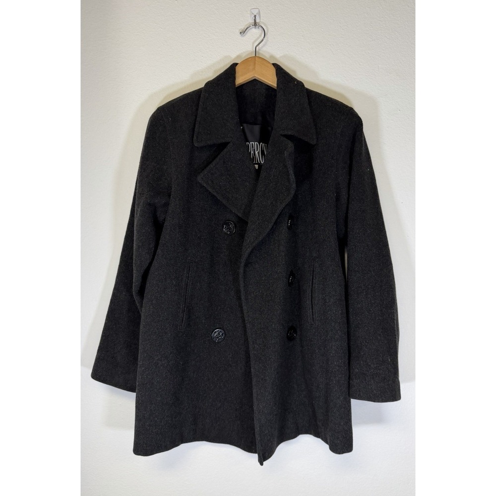 Vtg J Percy Marvin Richards 100% Merino Wool Pea Coat Gray Anchor Buttons Sz 4 S